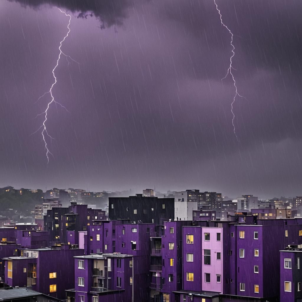 Rainy Purple Cityscape Under Dark Sky