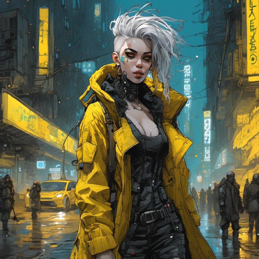 Cyberpunk Woman in Yellow Coat Portrait