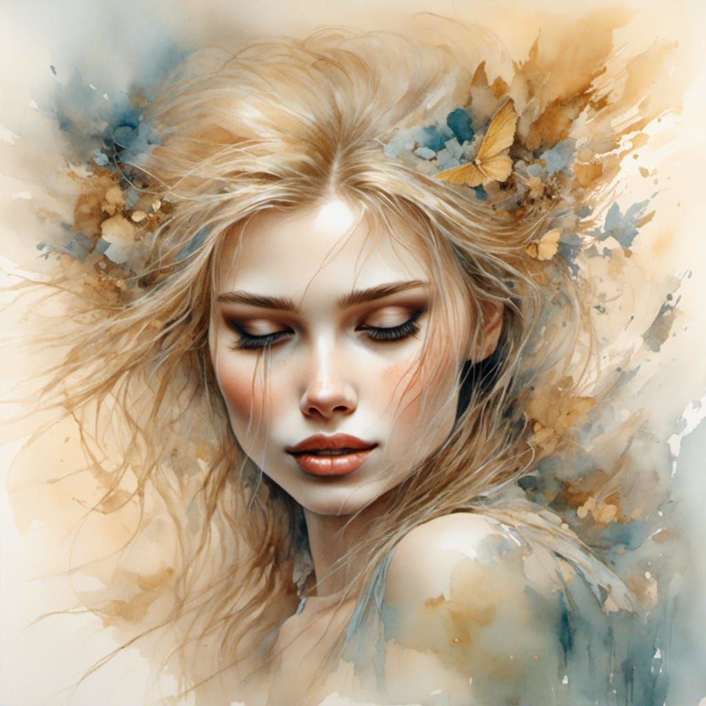 Dreamy Watercolor Face with Fluttering Memories