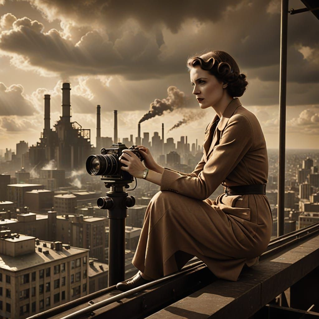 Fearless Photographer Above City in Vintage Documentary Styl...