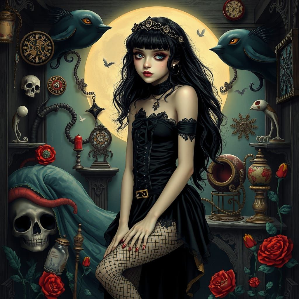 Whimsical Gothic Romance in Dark, Dreamlike Style