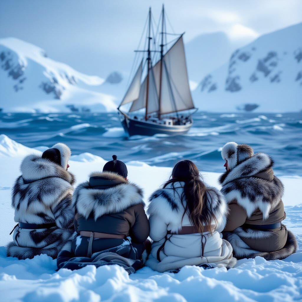 Inuit People Watch Sailboat in Snowy Landscape
