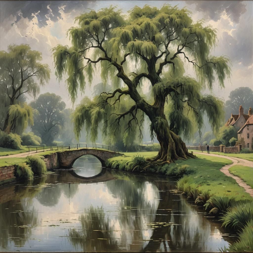 Weeping Willow by Canal: An Oil Painting