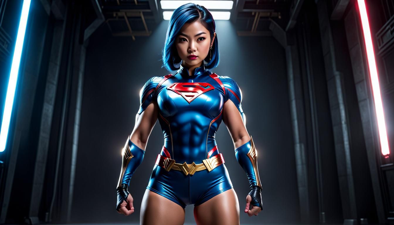 pretty  bodacious muscular superhero, thick asian women, bodacious, full body tattoos, thick thighs, dark short mini cos...