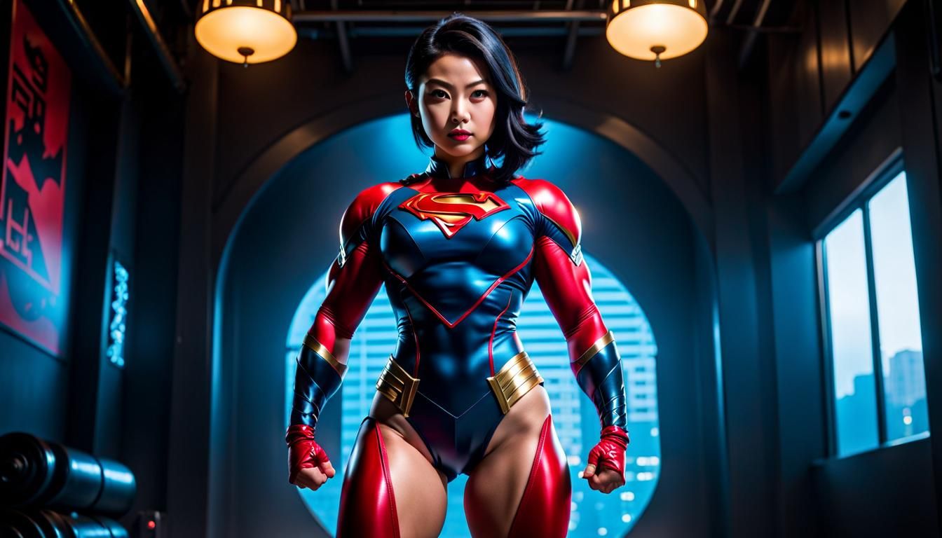 pretty  bodacious muscular superhero, thick asian women, bodacious, full body tattoos, thick thighs, dark short mini cos...