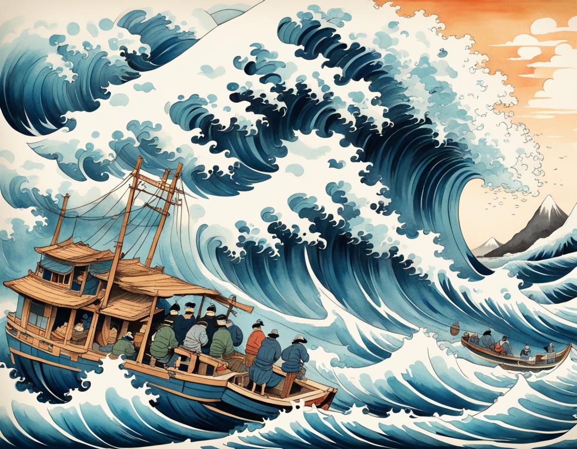 Giant Wave About to Overwhelm Fishing Boat