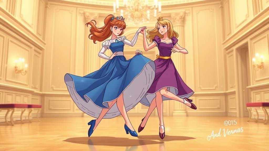 Princesses Tap Dancing in Anime Style Ballroom