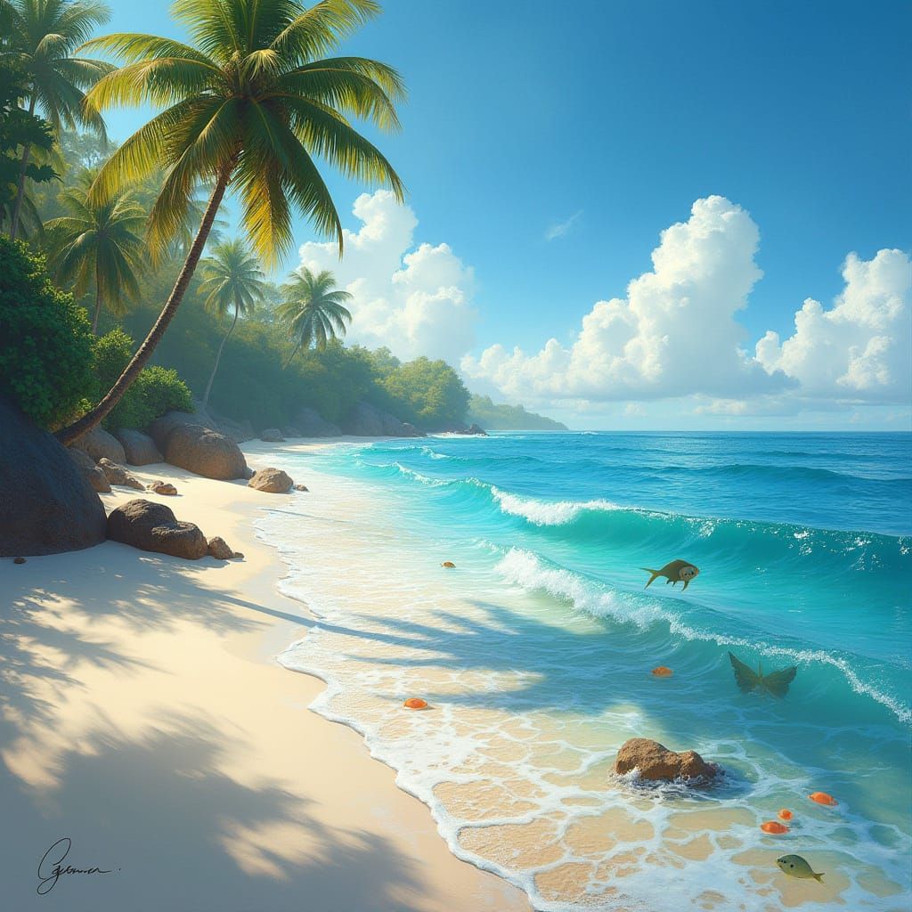 Golden Ocean Waves on White Sand Beach