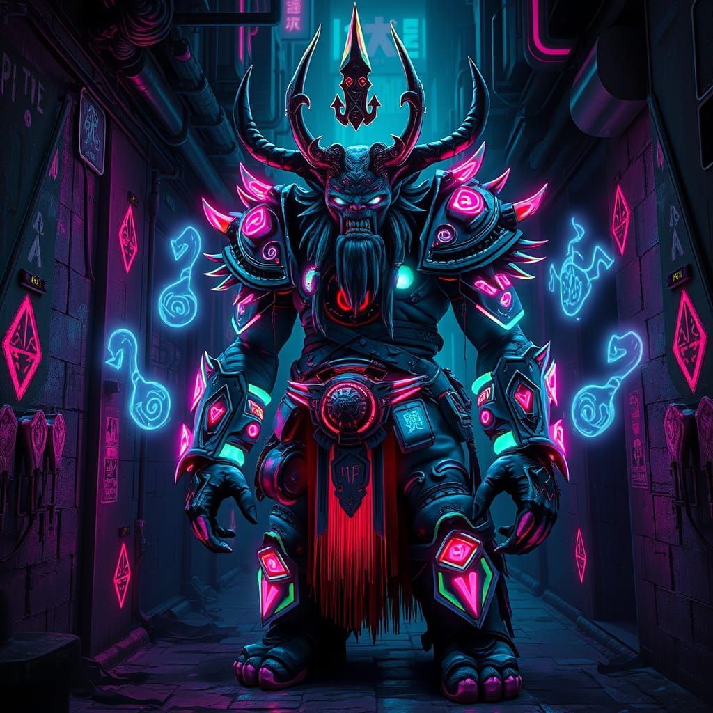 Cyberpunk Ogre Shaman in Neon Tribal Armor