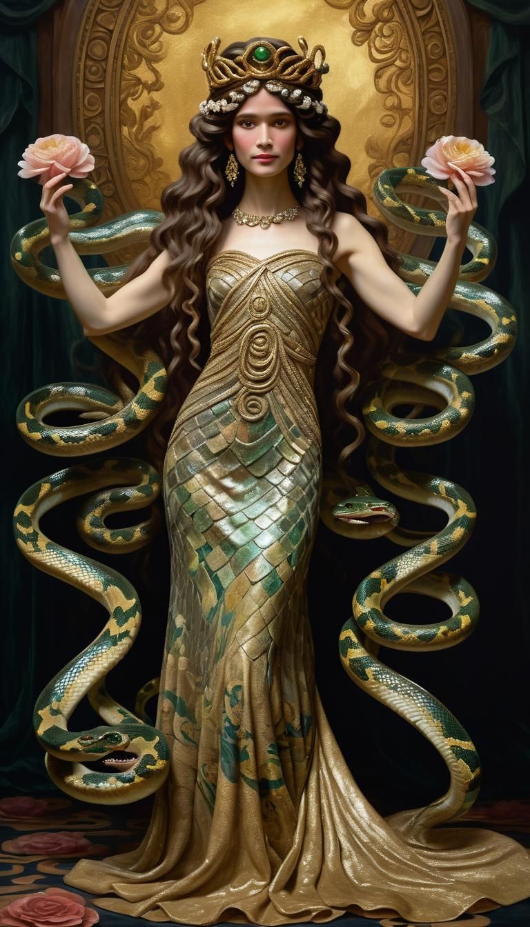 Medusa Smiling on Stage as Oil Painting