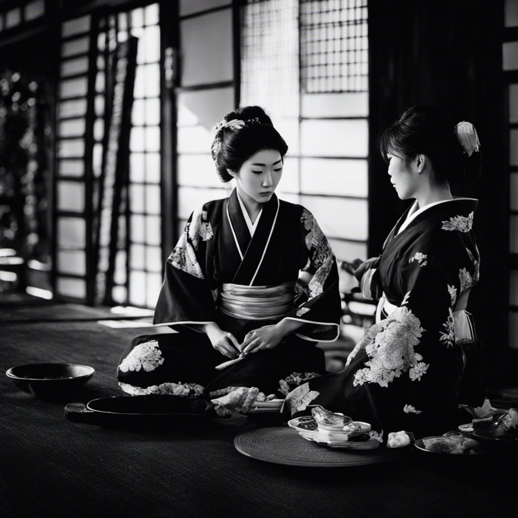 Japanese Women in Traditional Clothing: B&W Photo