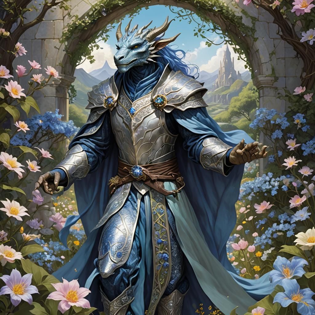 Elegant Silver Dragonborn Sorcerer Amidst Vibrant Flower Fie...