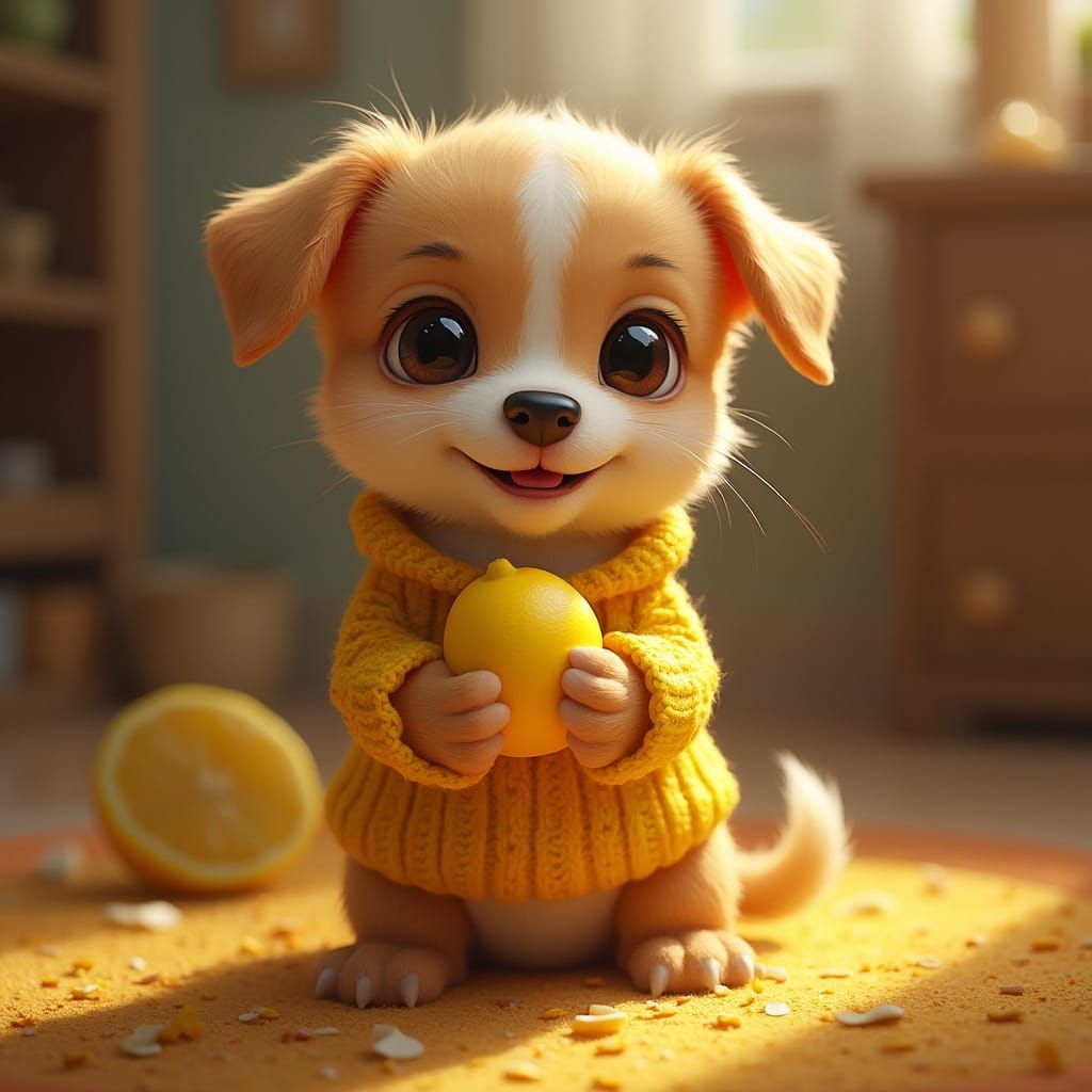 Puppy with Lemon in Whimsical Art Style