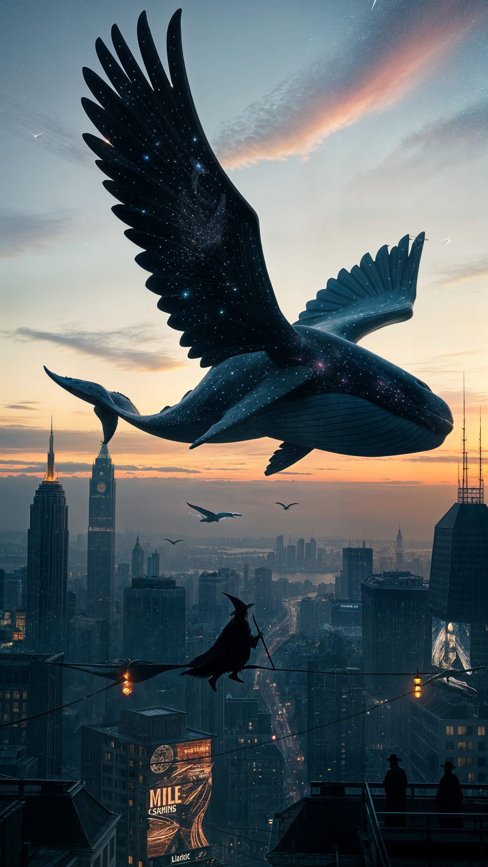 Winged Whale and Witch Fly Over City at Dusk
