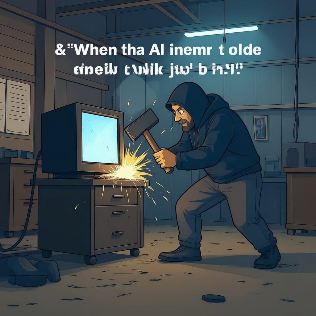 Figure Smashes Computer with Sledgehammer in Dark Workshop