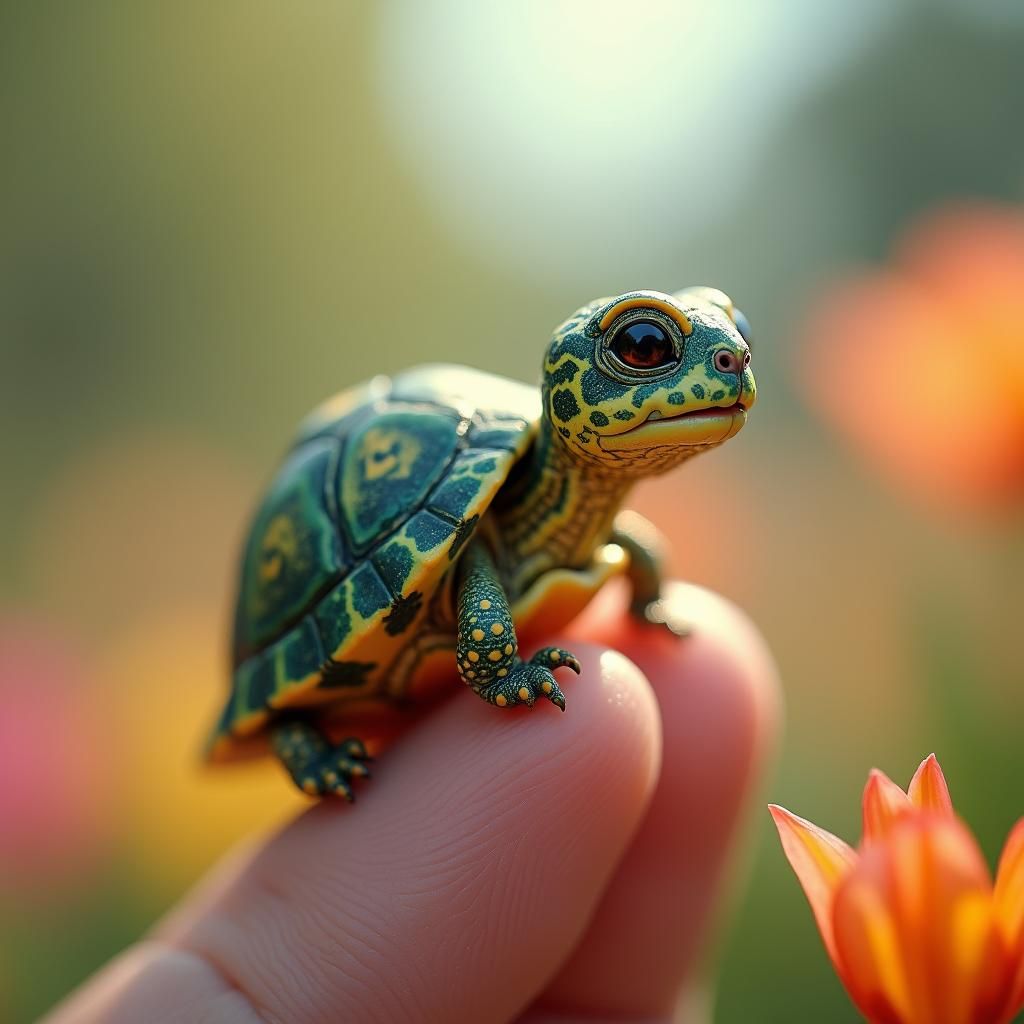 Miniature Turtle in a Vibrant Garden, Magical Style