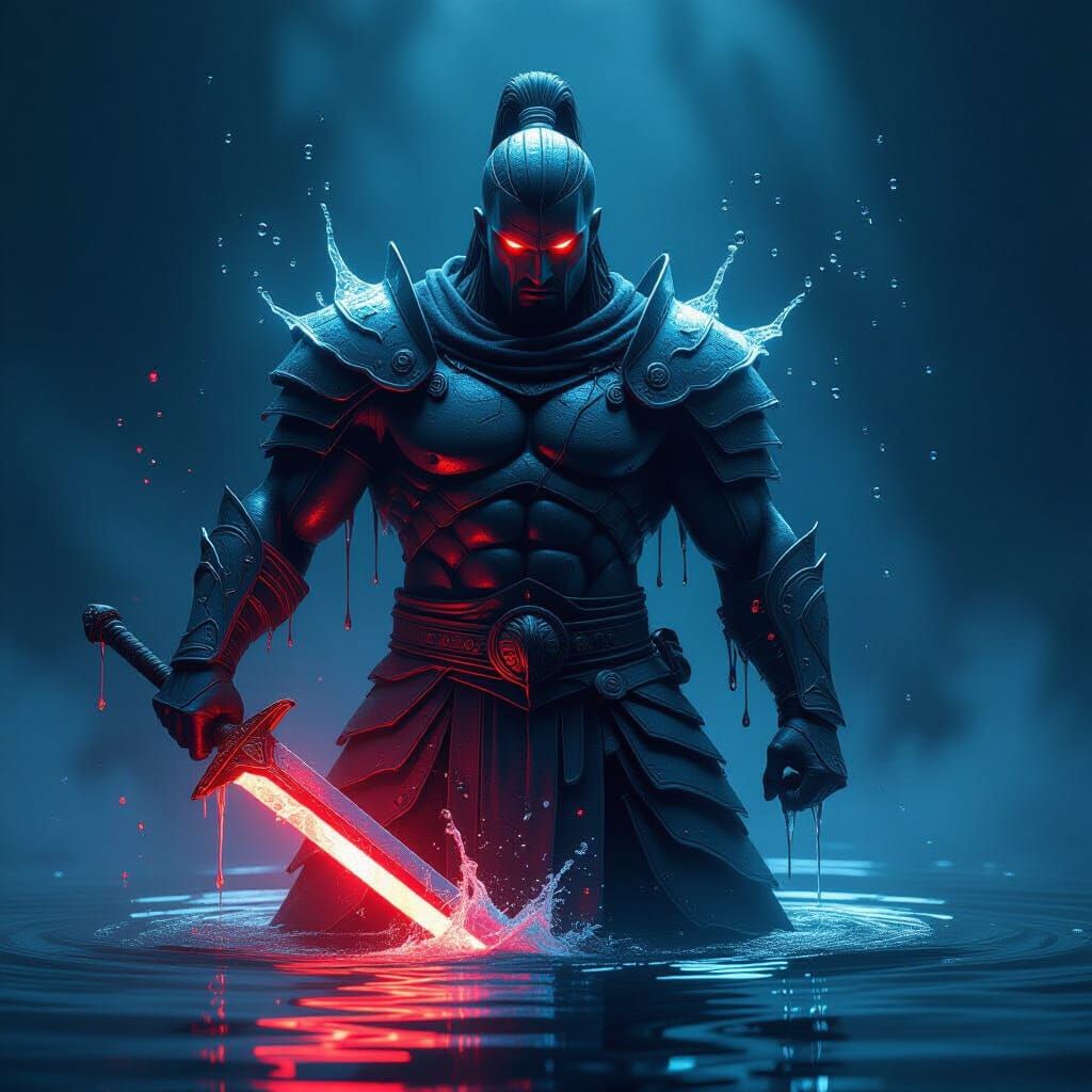 Fluid Metal Warrior in Dynamic Light and Mist