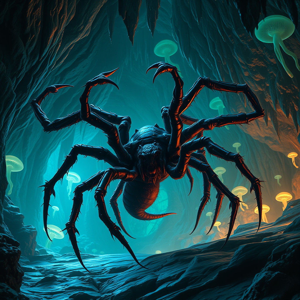 Spider-Rat Hybrid in Bioluminescent Cavern