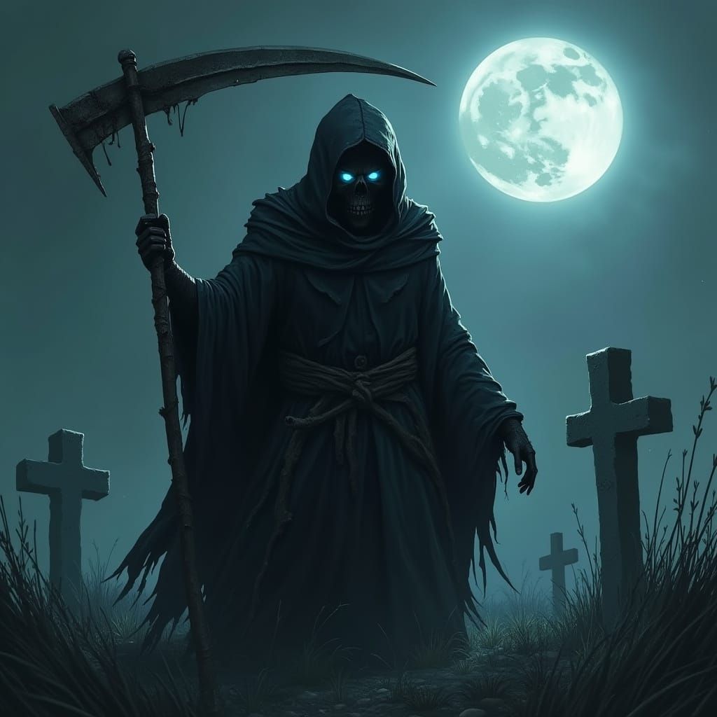 Realistic Grim Reaper in Graveyard with Glowing Eyes
