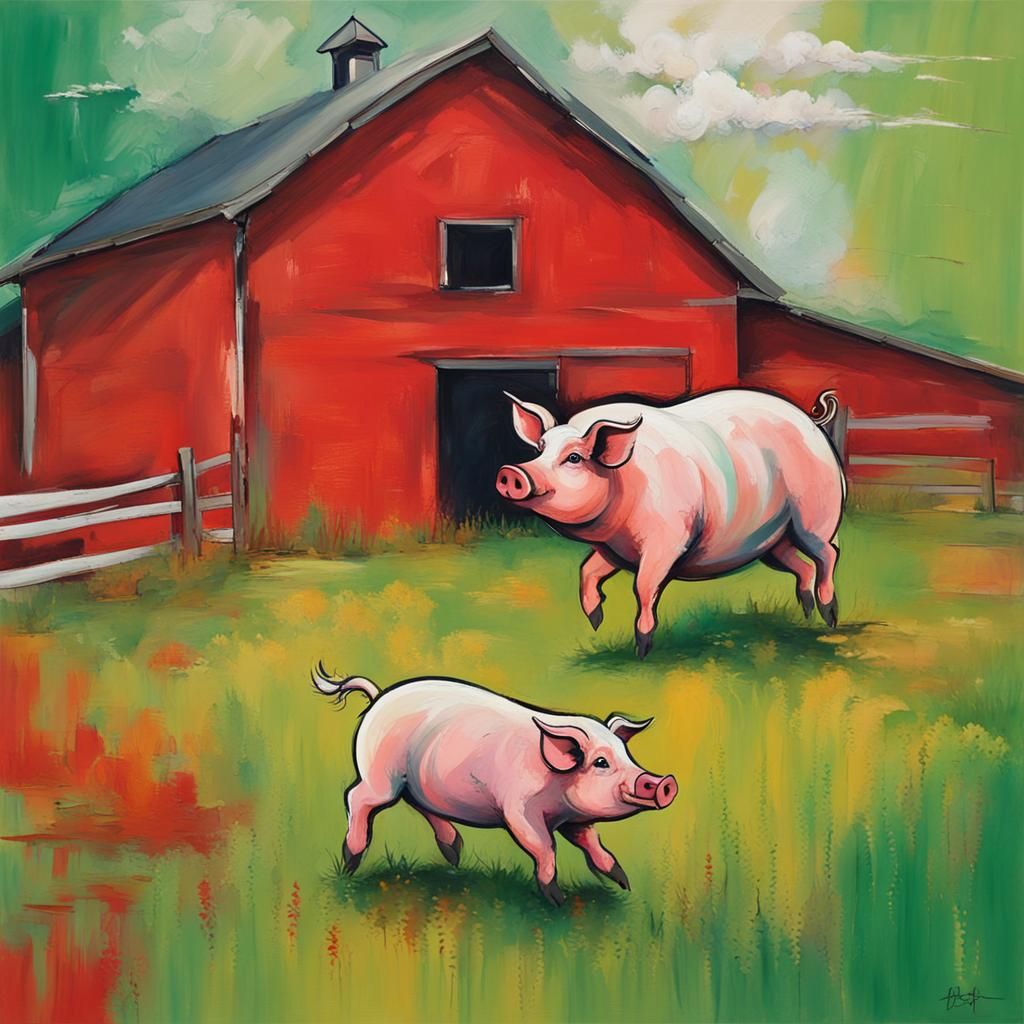 Dancing Pig and Sheep in Abstract Art Style