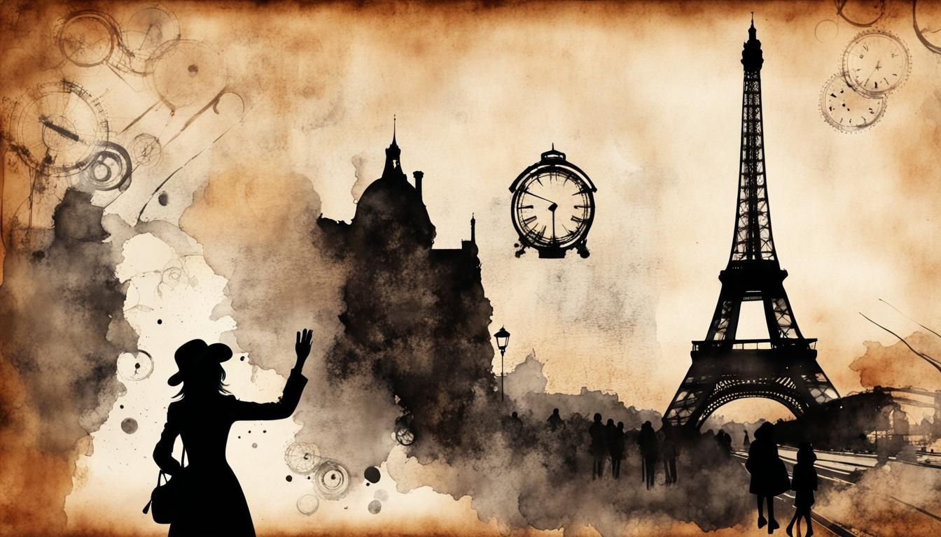 Girl in Paris Waving, Steampunk Ink Painting