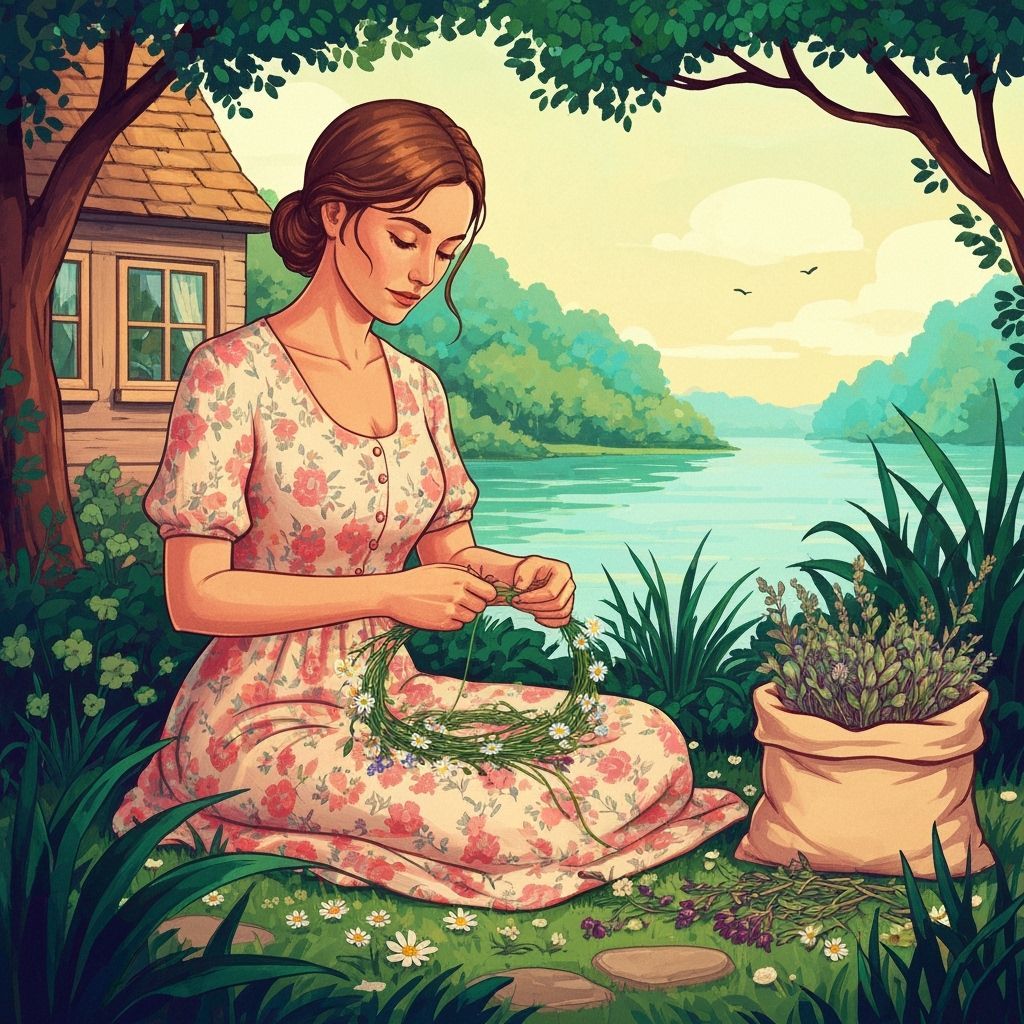 Woman Weaving Wreath in Dreamy Matte Painting Style