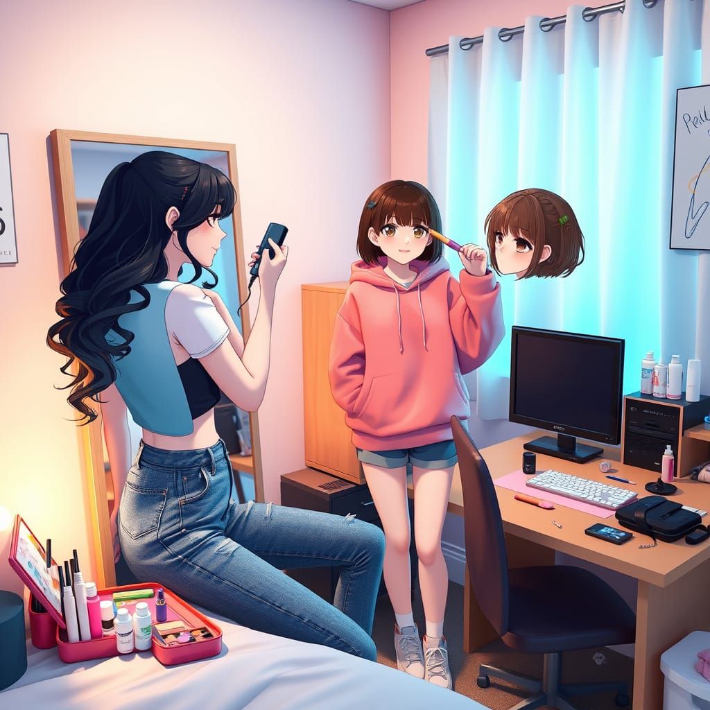Anime Girls Get Ready for Cyber Café Outing in Cozy Dorm Roo...