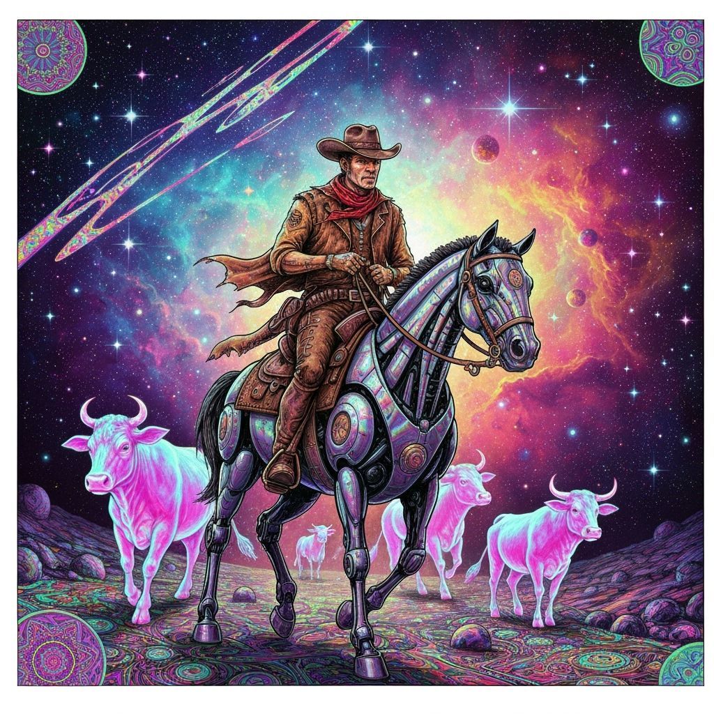 Space Cowboy Herding Star Cows in Cosmic Nebula