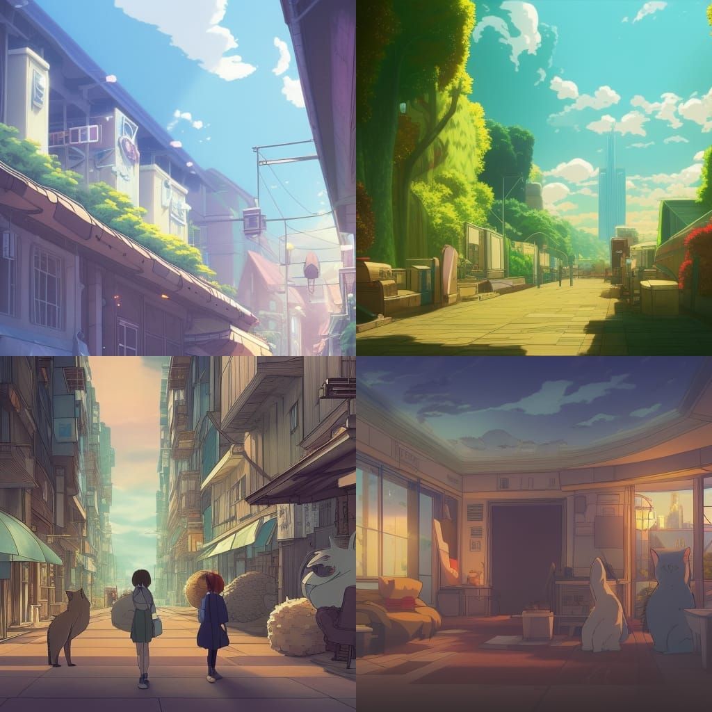 Cat City in Studio Ghibli Anime Style