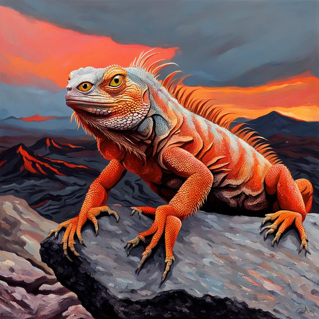 Iguana Stares Intensely in Neo-Impressionist Oil Painting