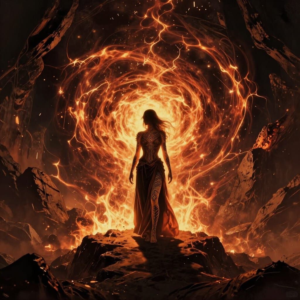 Alchemist at Fiery Vortex in Dark Fantasy Style