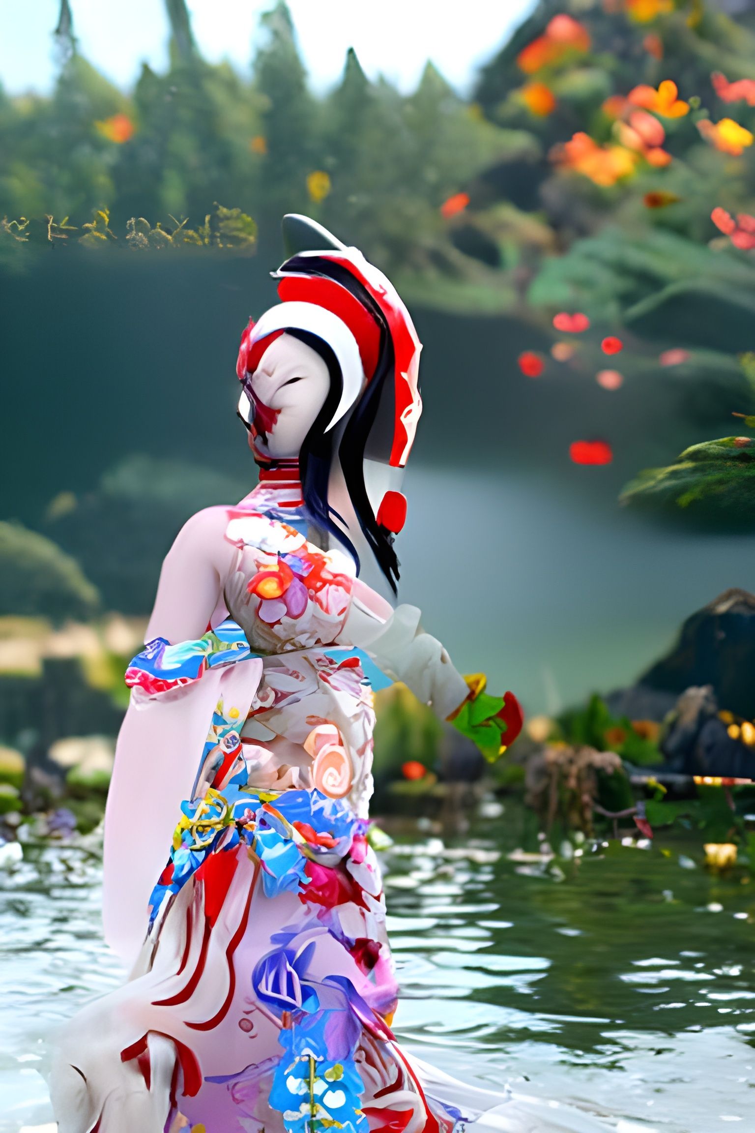An aquatic nature geisha with fractal nature and DMT lake in the background, 8K 3D HDR, unreal engine, volumetric lighti...