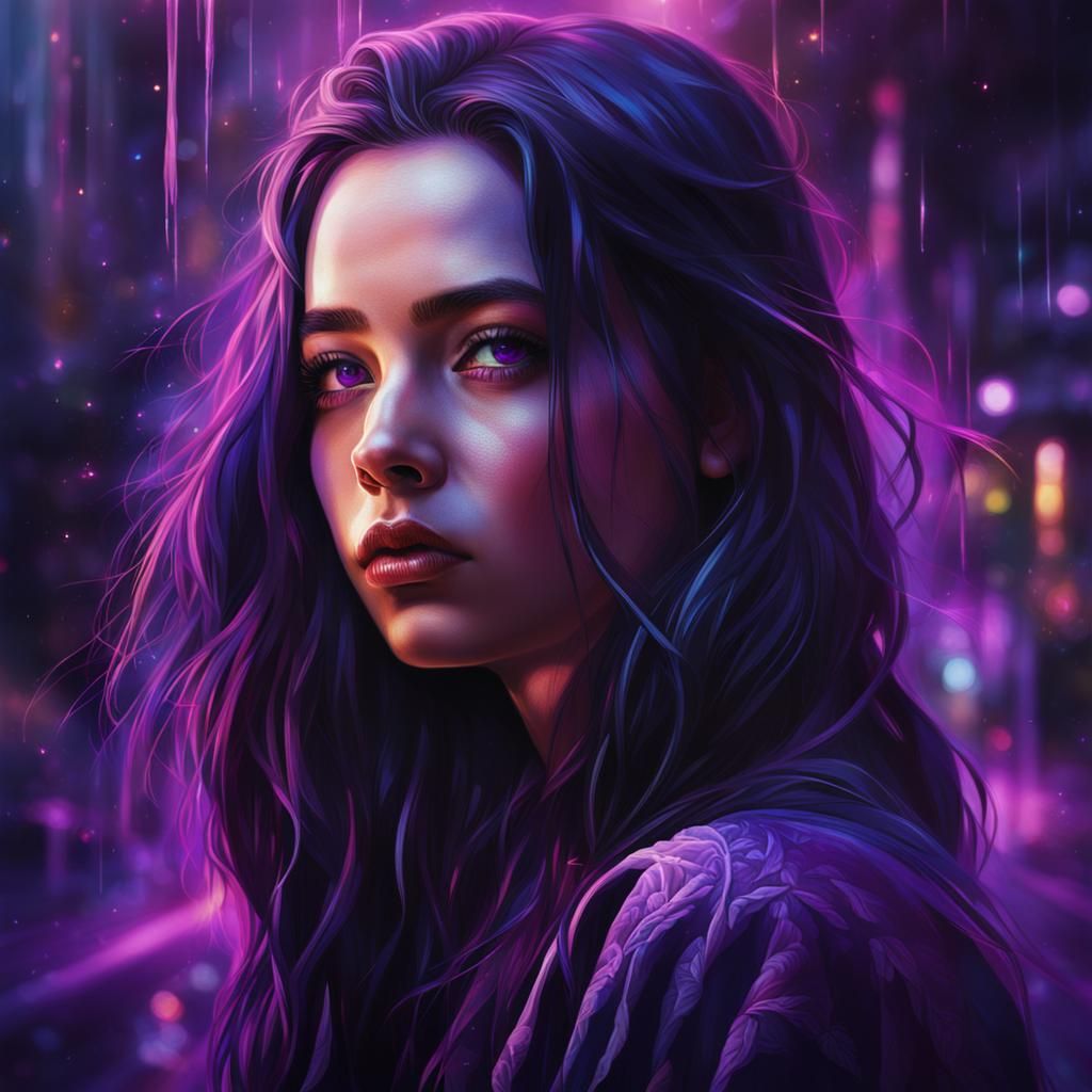 Hyperrealistic Portrait of Woman with Purple Highlights