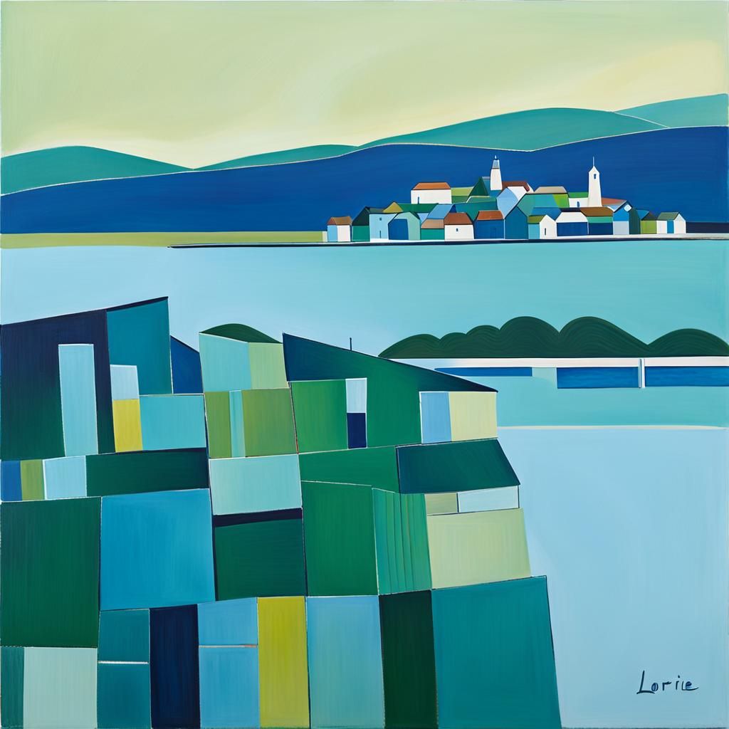 Abstract Harbor Village Painting in Linear Style