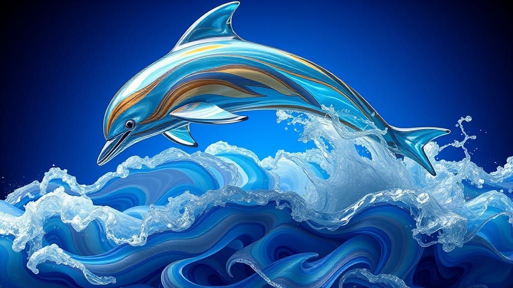 Glass Dolphin in Mid-Air Leap, Iridescent Swirling Glass, 8K...