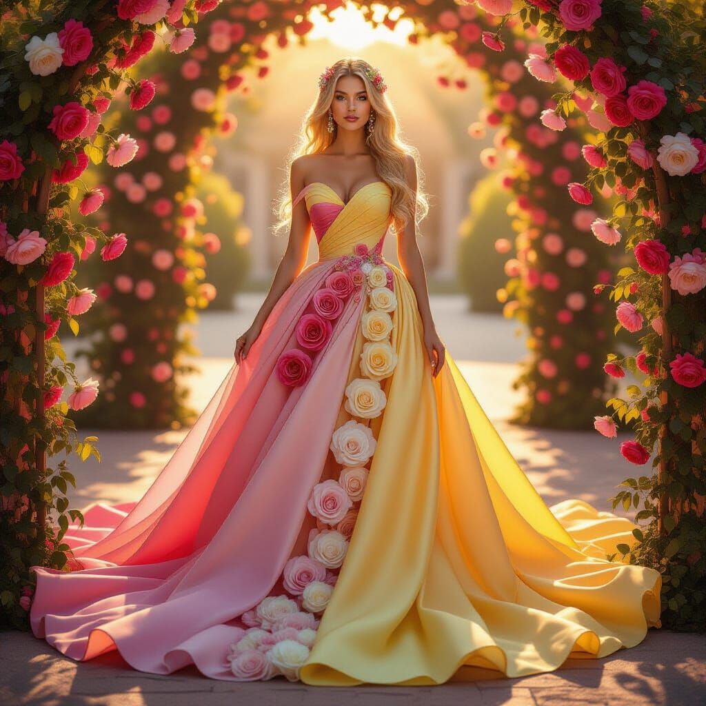 Woman's Dress Transforms from Yellow to Pink Roses in HDR Ph...