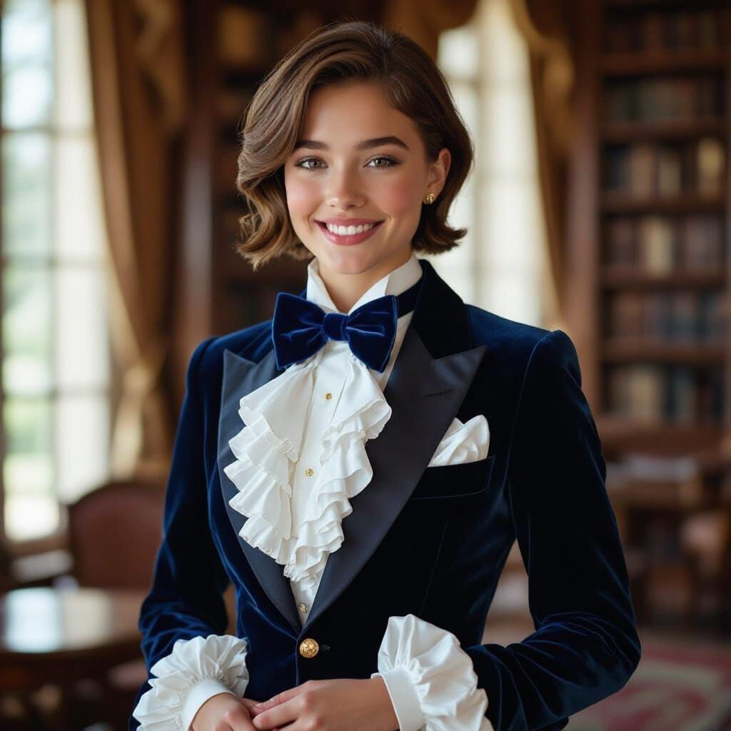 Teenage Girl in Blue Velvet Tuxedo with Ruffles