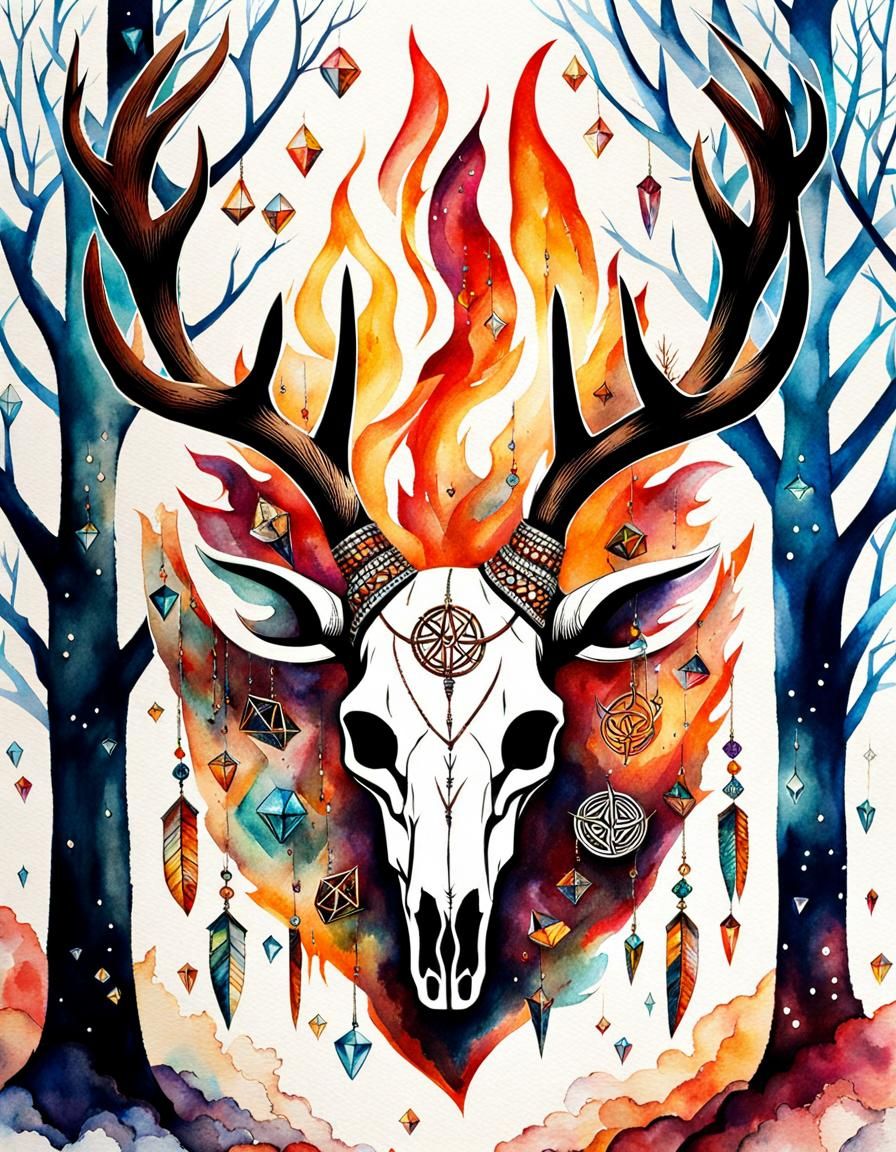 Watercolor Deer Skull with Runes and Crystals