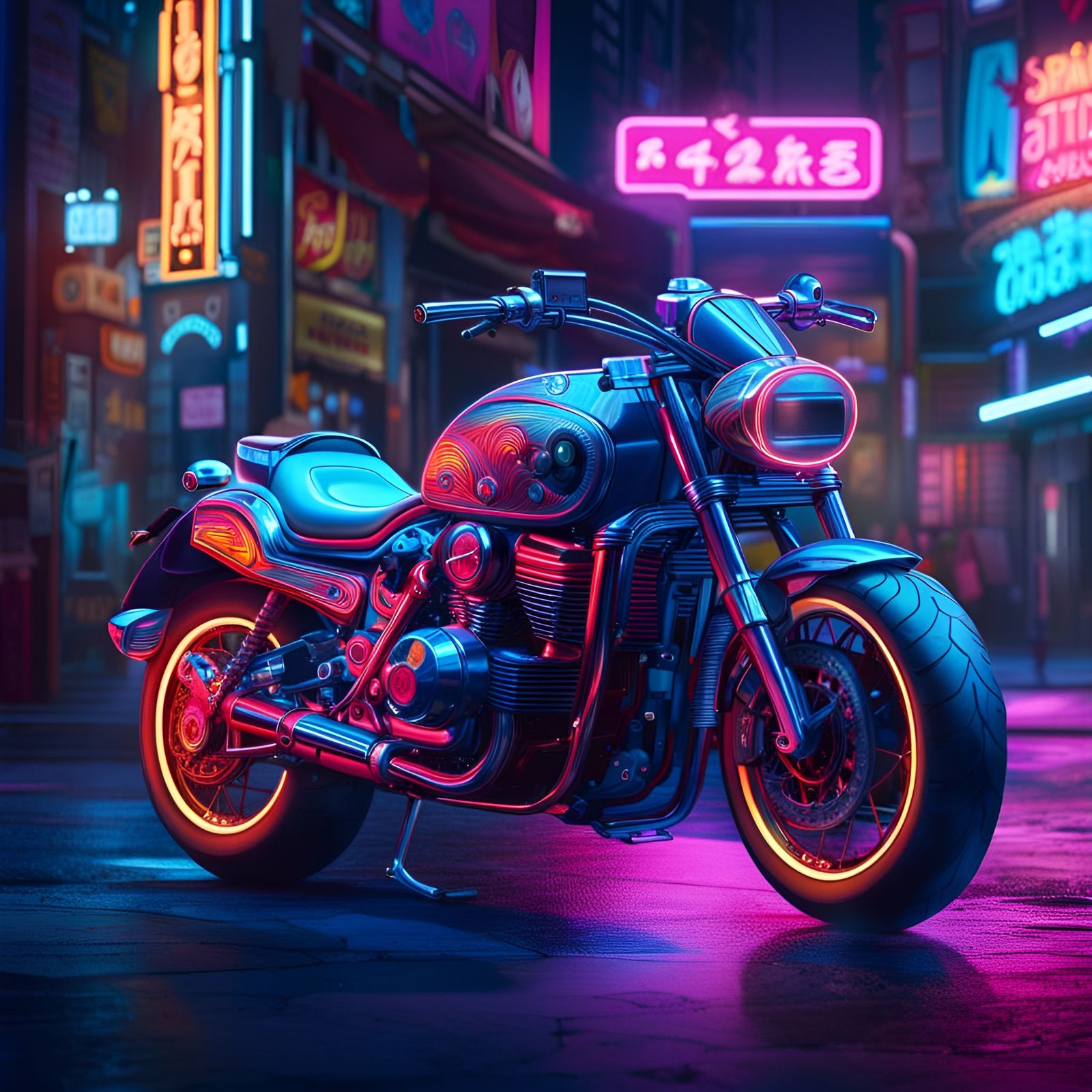 Neon Motorbike in Cosmic Cyberpunk Cityscape