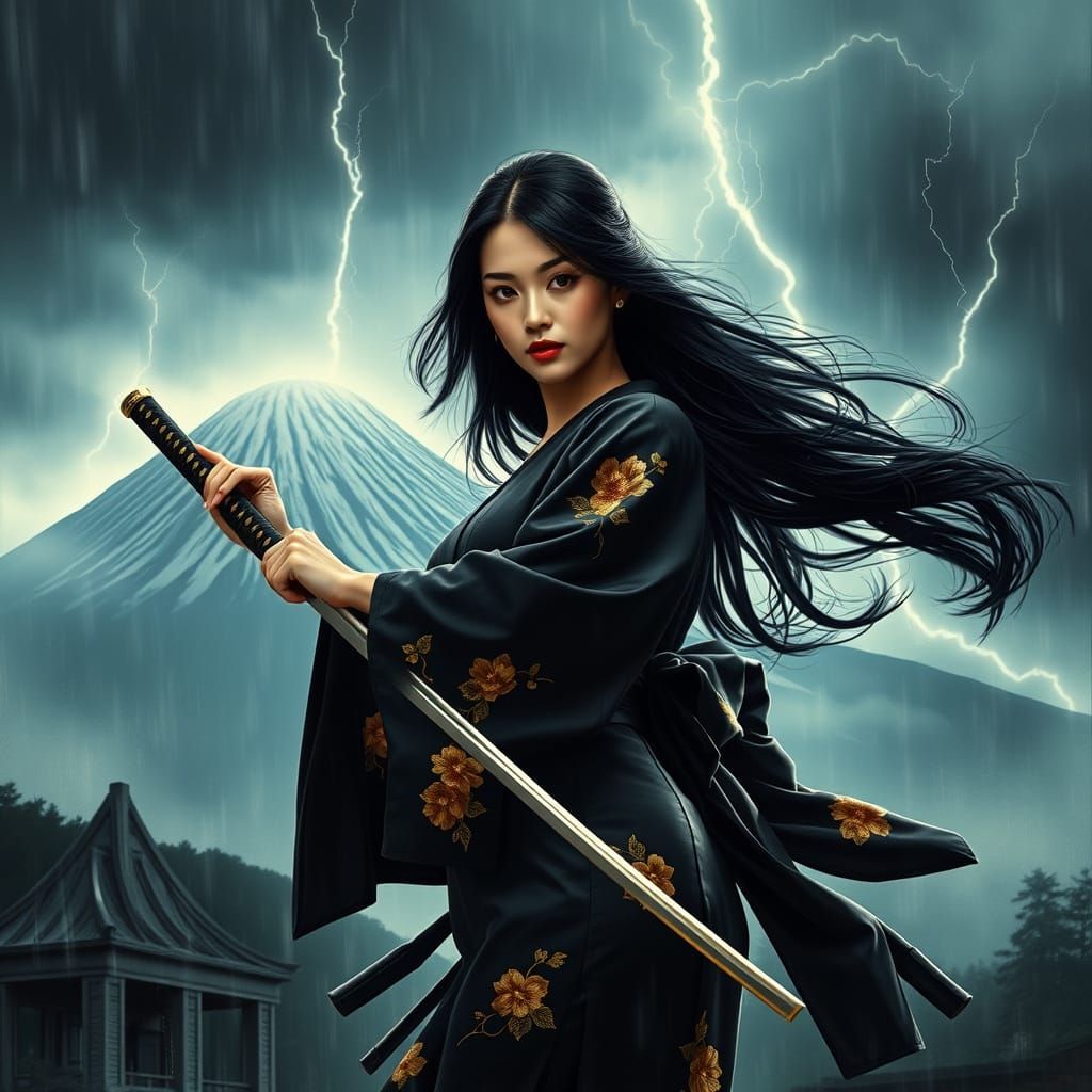 Woman with Katana in Storm: Cinematic Japanese Style
