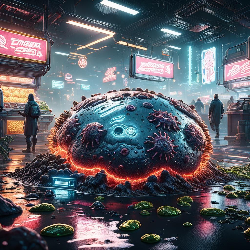 Amoeba Eating Bacteria in Cyberpunk Art Style