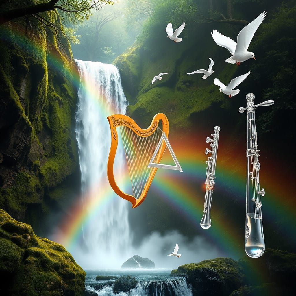 Dreamlike Forest Waterfall with Magical Instruments