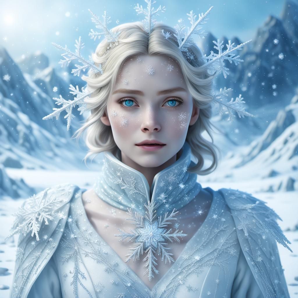 Ethereal Ice Queen in Delicate White Coat, Sparkling in Fros...