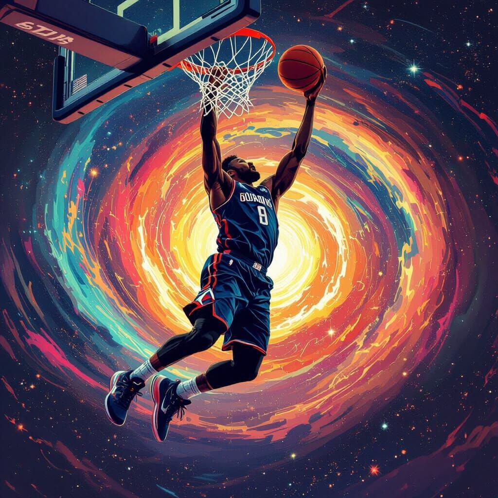 Basketball Player's Cosmic Slam Dunk in Dynamic Style