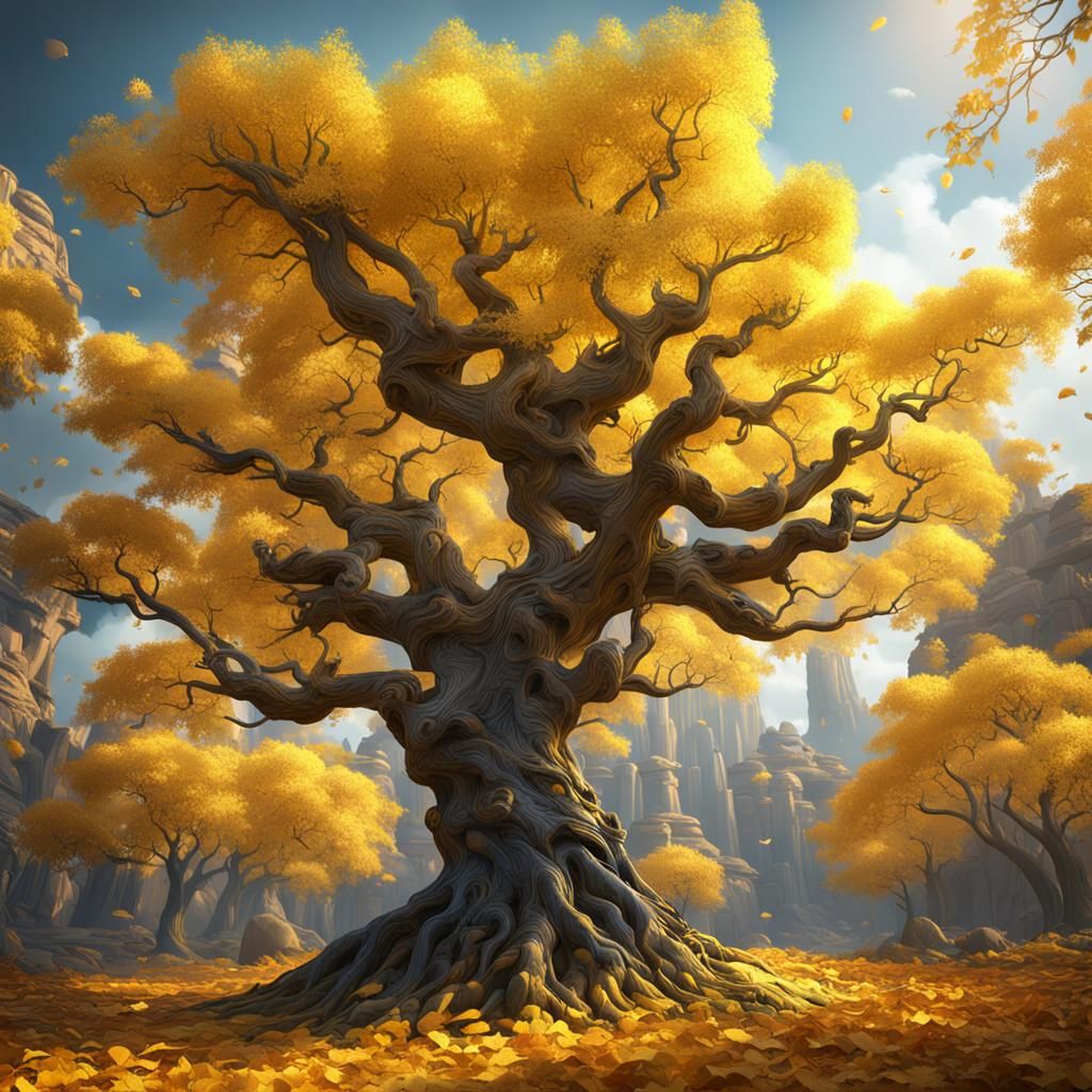 Abstract 3D Tree with Yellow Leaves