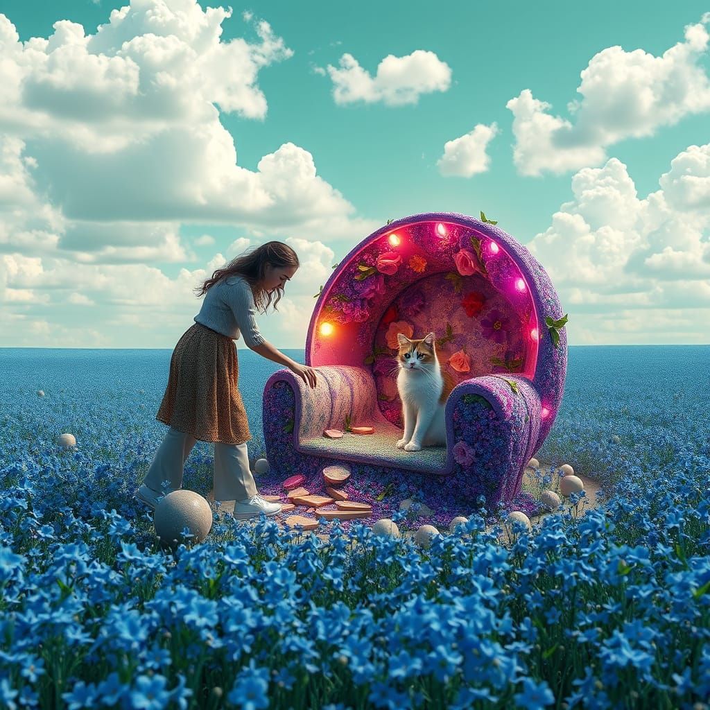 Realistic Landscape With Green Sky and Blue Grass Field