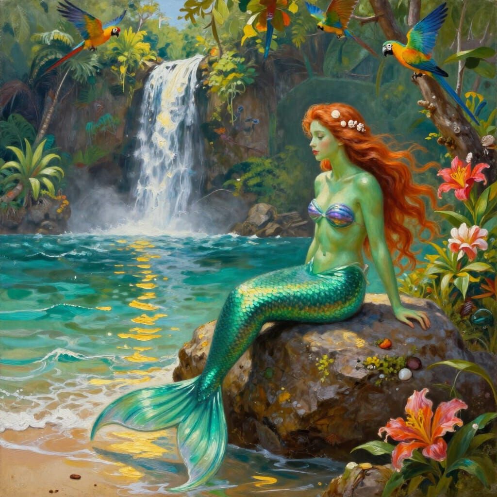 Mermaid on Rock in Tropical Paradise Oil Painting