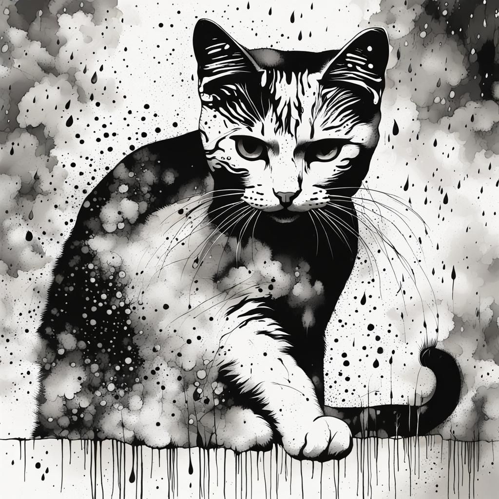 Abstract Black and White Cat in Rain