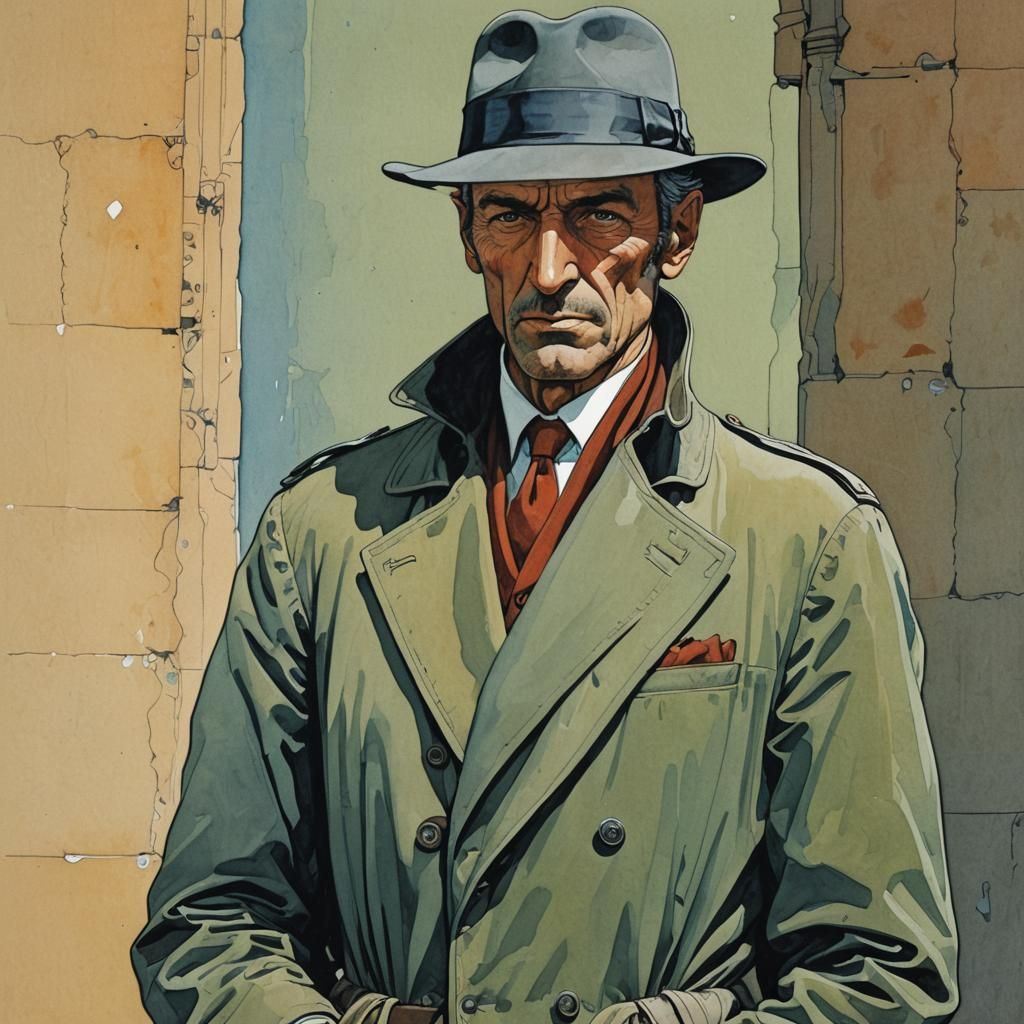 French Spy in Moebius Style Gouache Painting