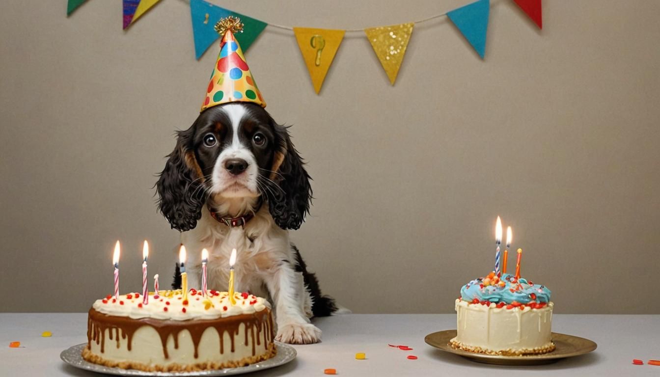 Spaniel Puppy Celebrates Birthday: Naive Art Style